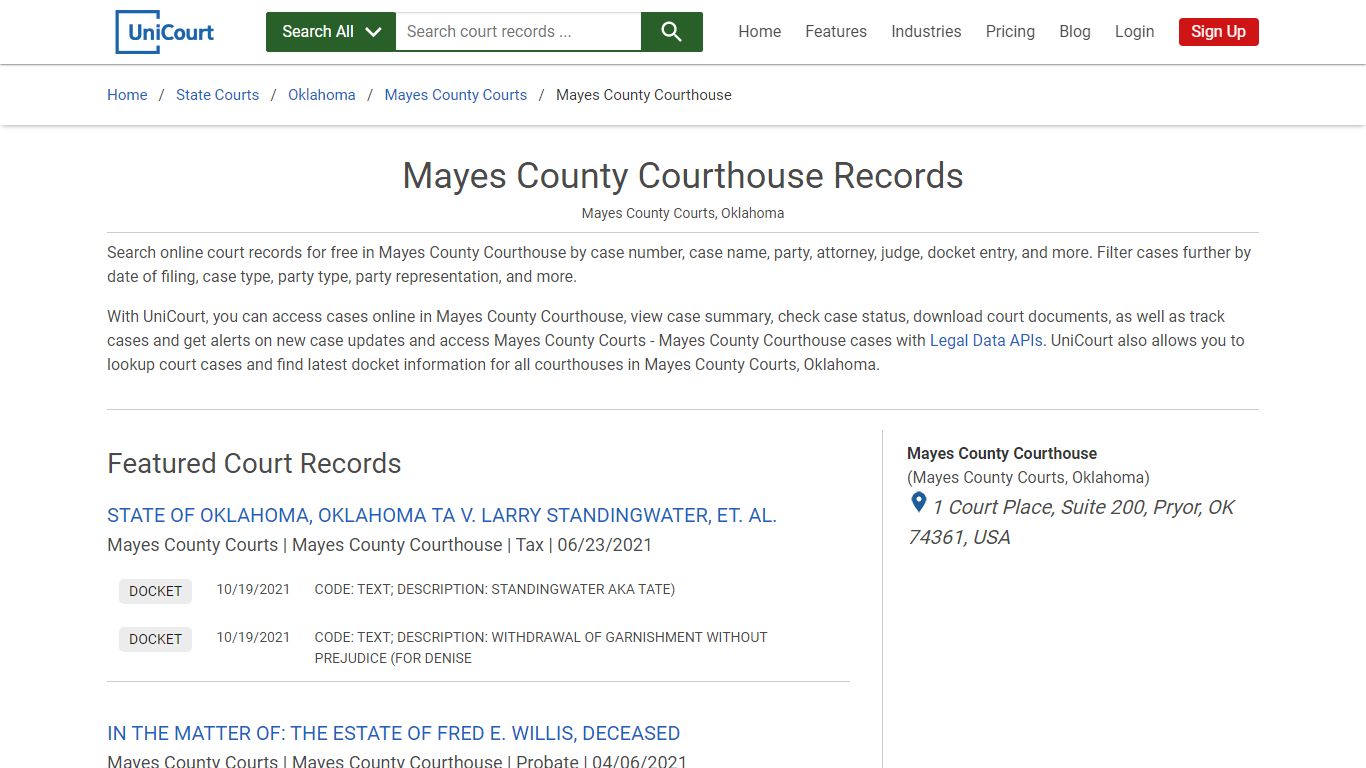 Mayes County Courthouse Records | Mayes | UniCourt